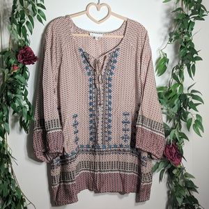 Skies Are Blue Boho Printed Embroidered Tunic EUC